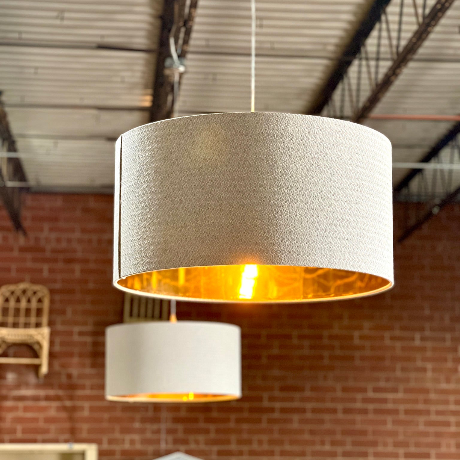 beige drumshades hung on ceilings