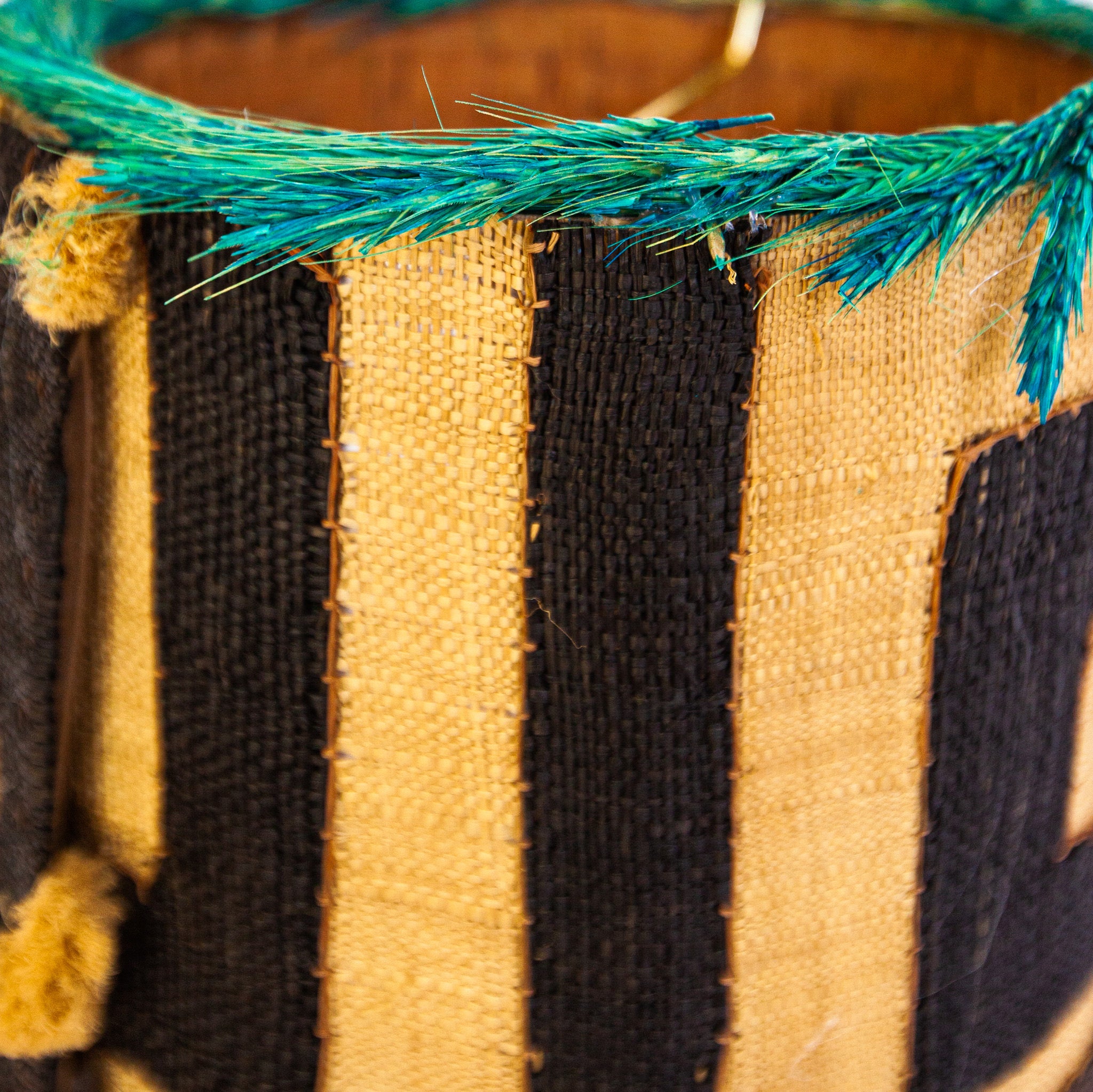 beautiful brown and black fabric with blue piping for a custom made lampshade