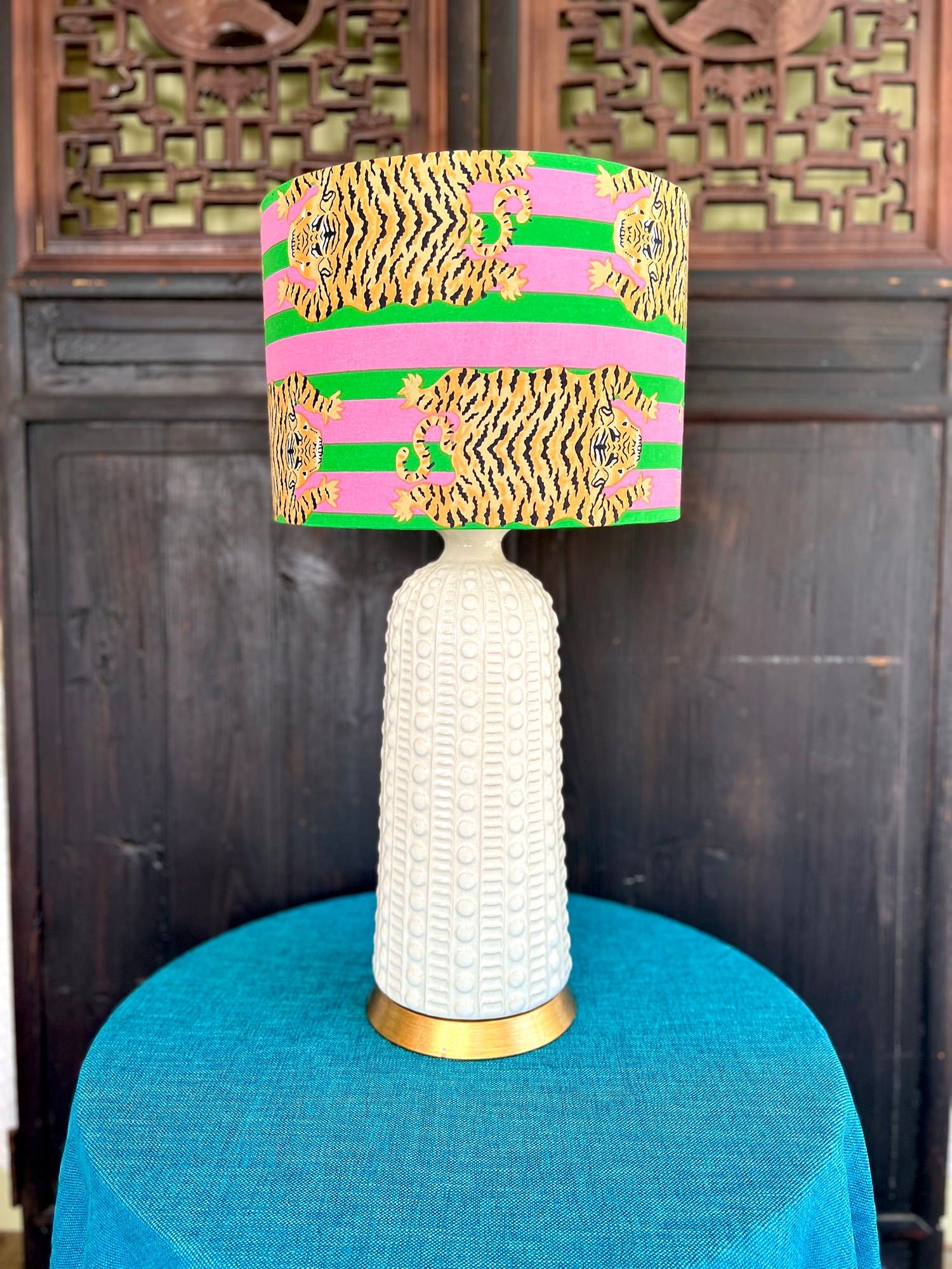Katherine – Pink / Pink & Green Striped Tiger Drum Lamp Shade