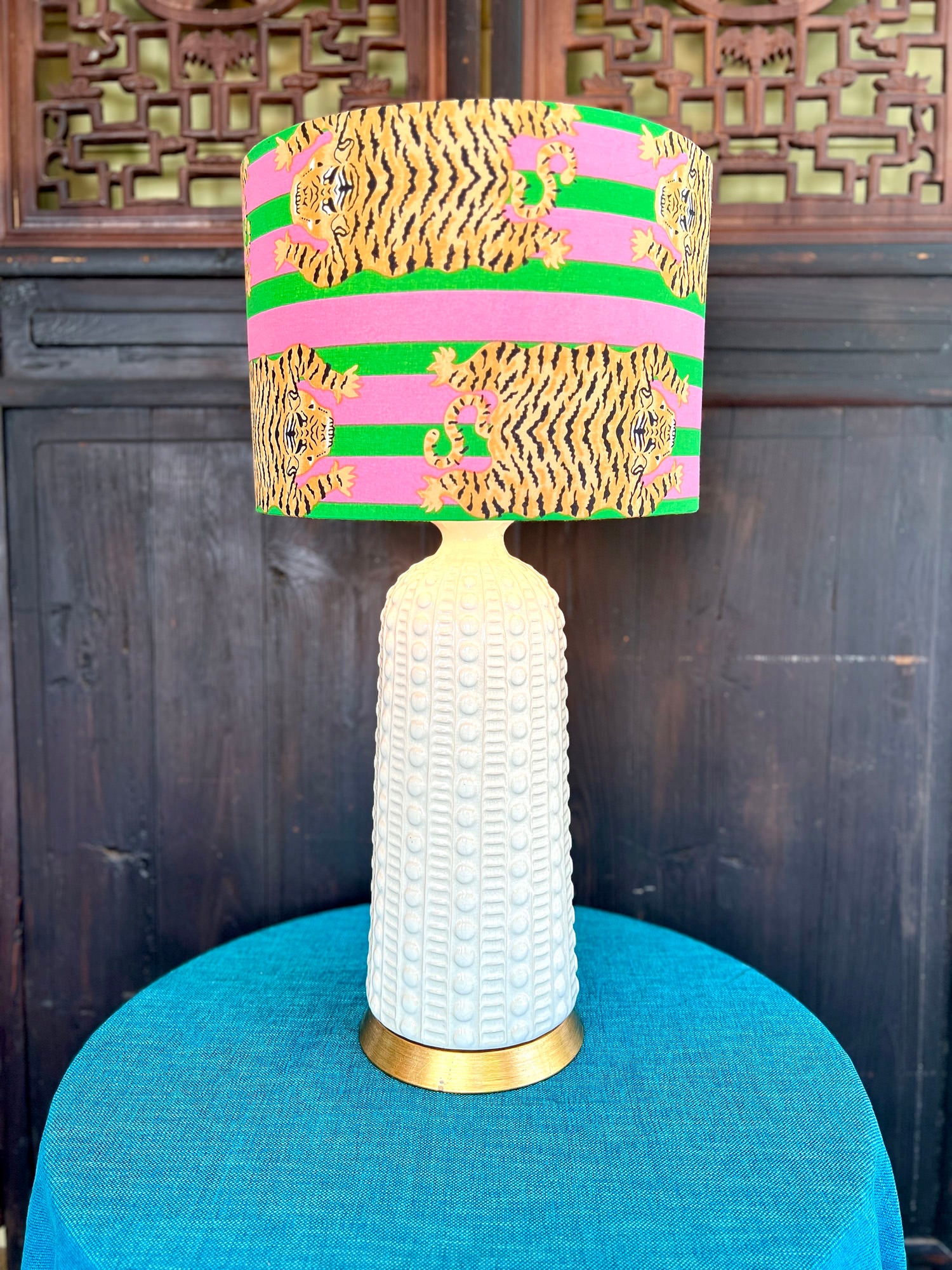 Katherine – Pink / Pink & Green Striped Tiger Drum Lamp Shade