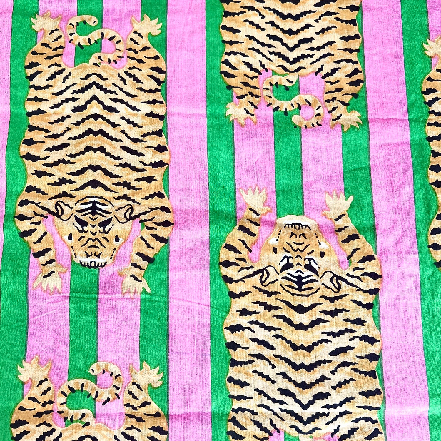 pink and green stripes with tigers fabric