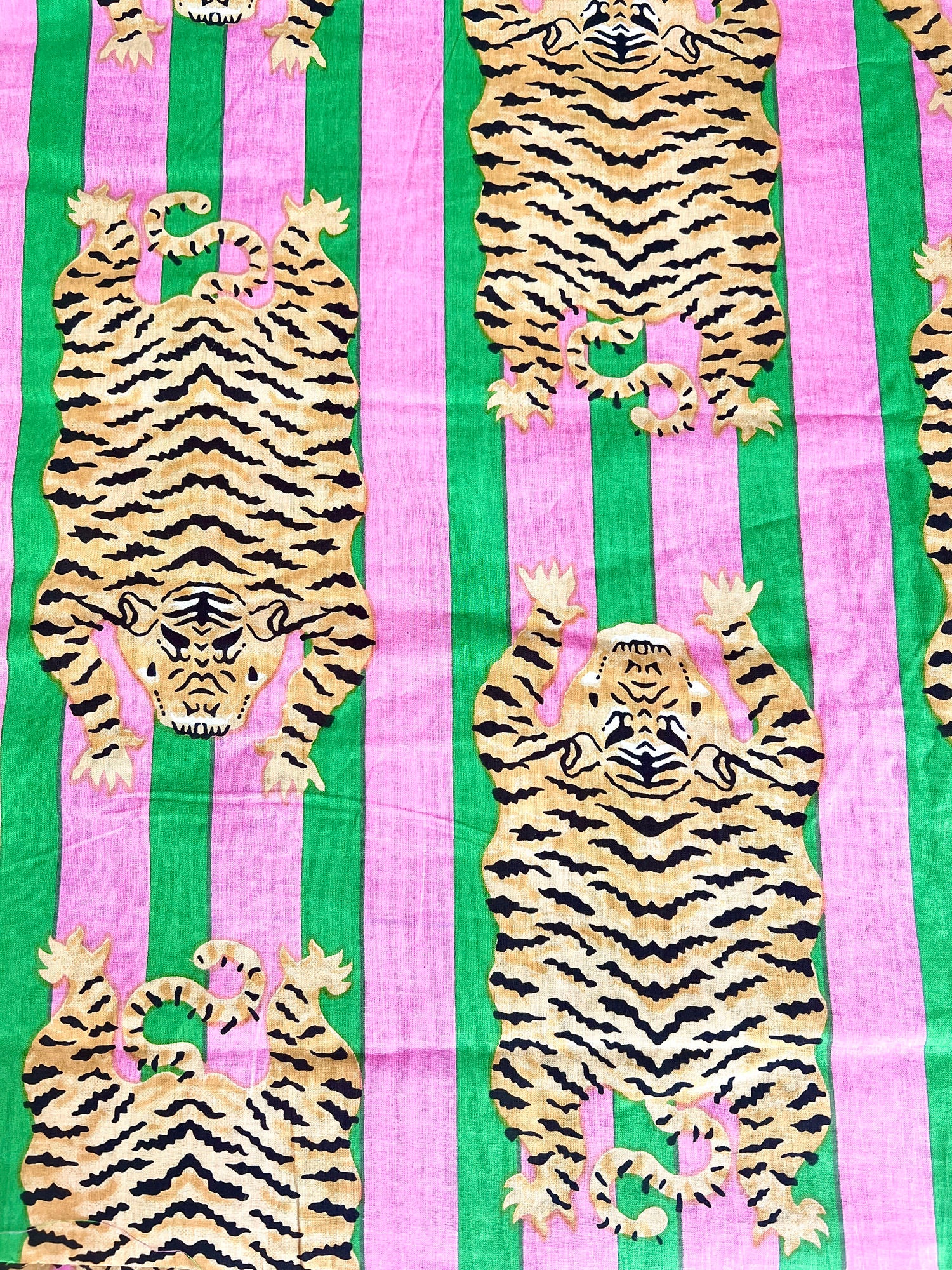 pink and green stripes with tigers fabric