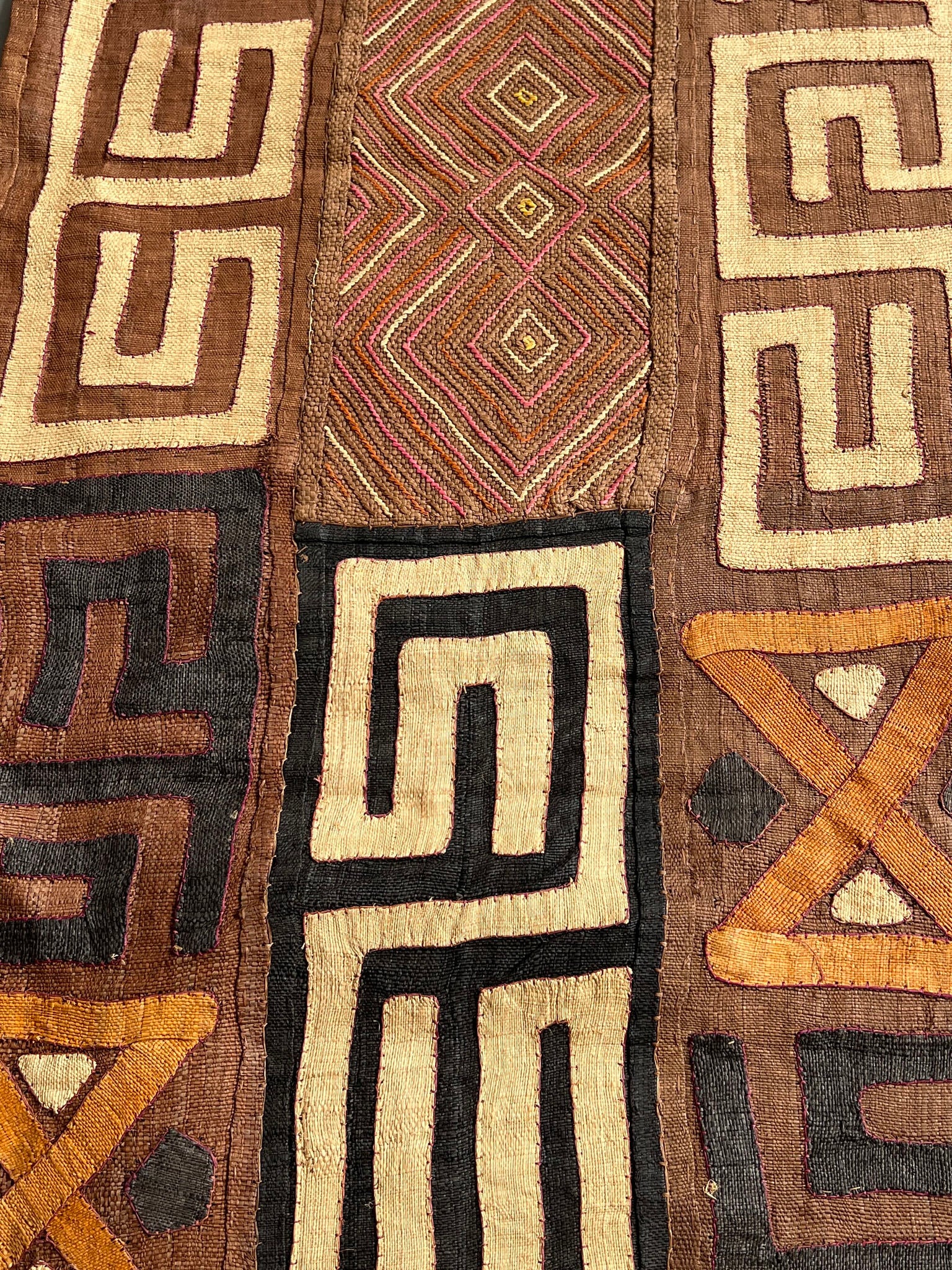 brown, black, light brown and orange kuba cloth