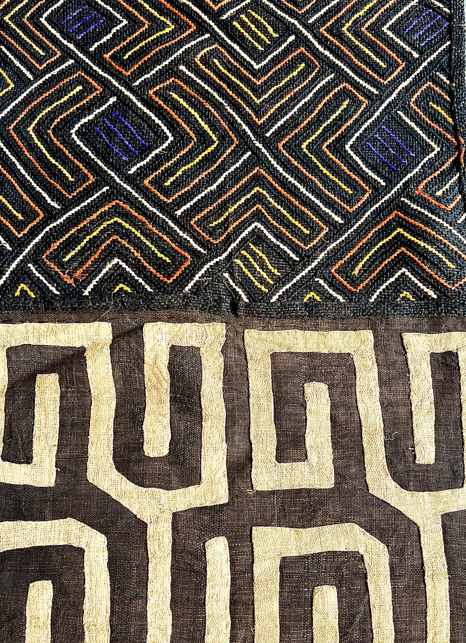 black, dark brown, beige, and blue/purple kuba cloth