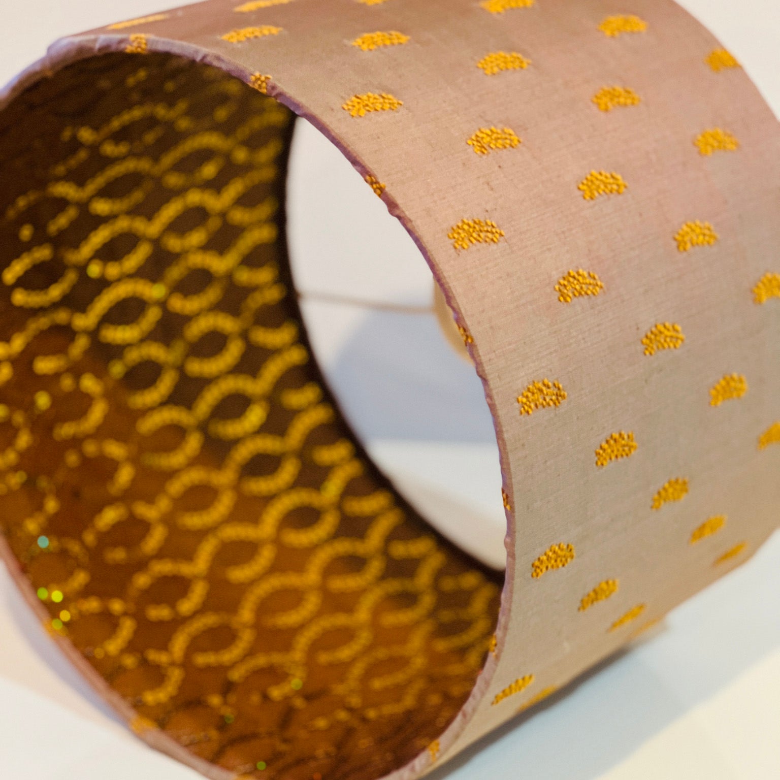 yellow and light brown/grey fabric lampshade