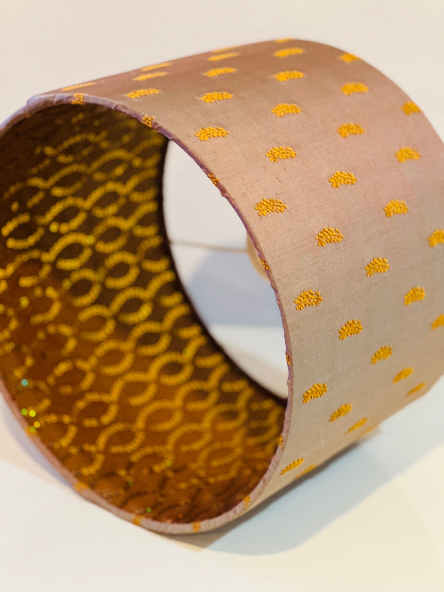 yellow and light brown/grey fabric lampshade