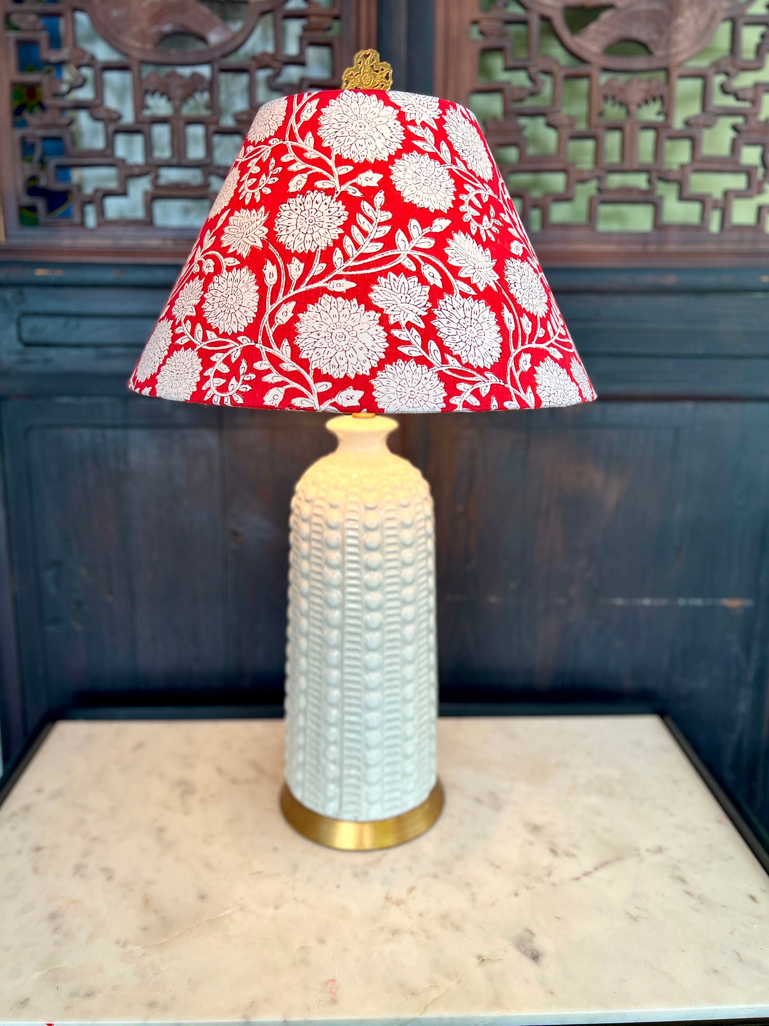Angelica / Red and White Floral Block Print Empire Lamp Shade