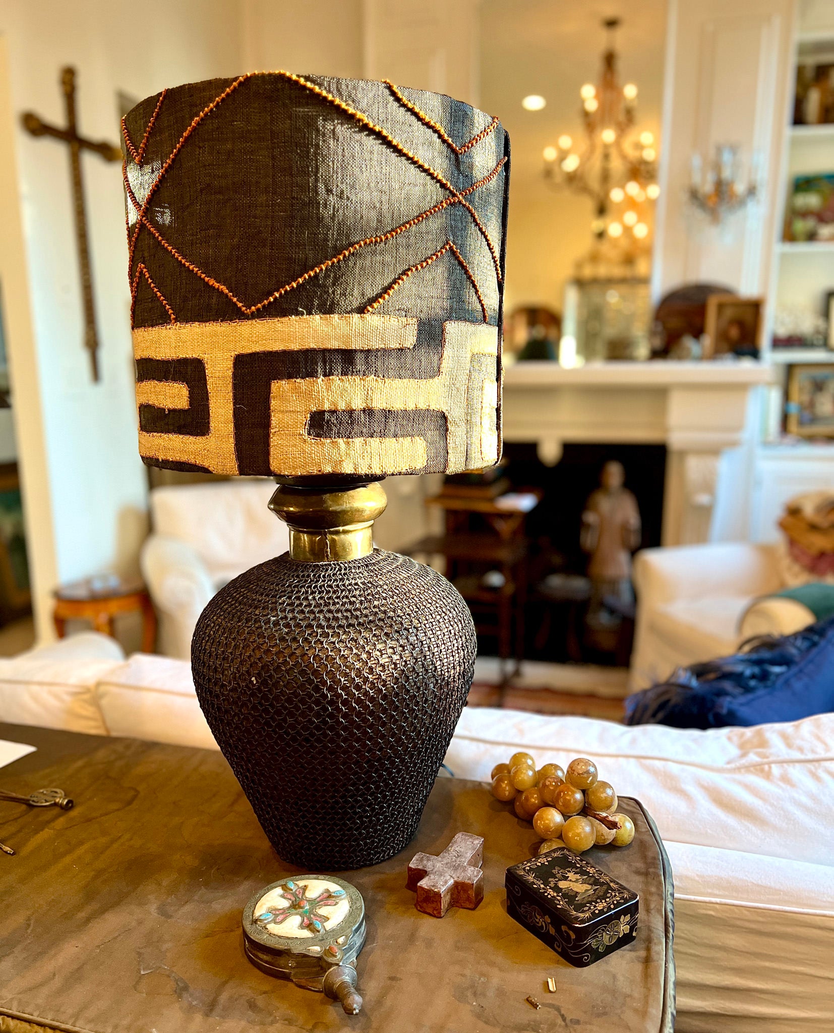 kuba cloth custom made lampshade on a black lamp