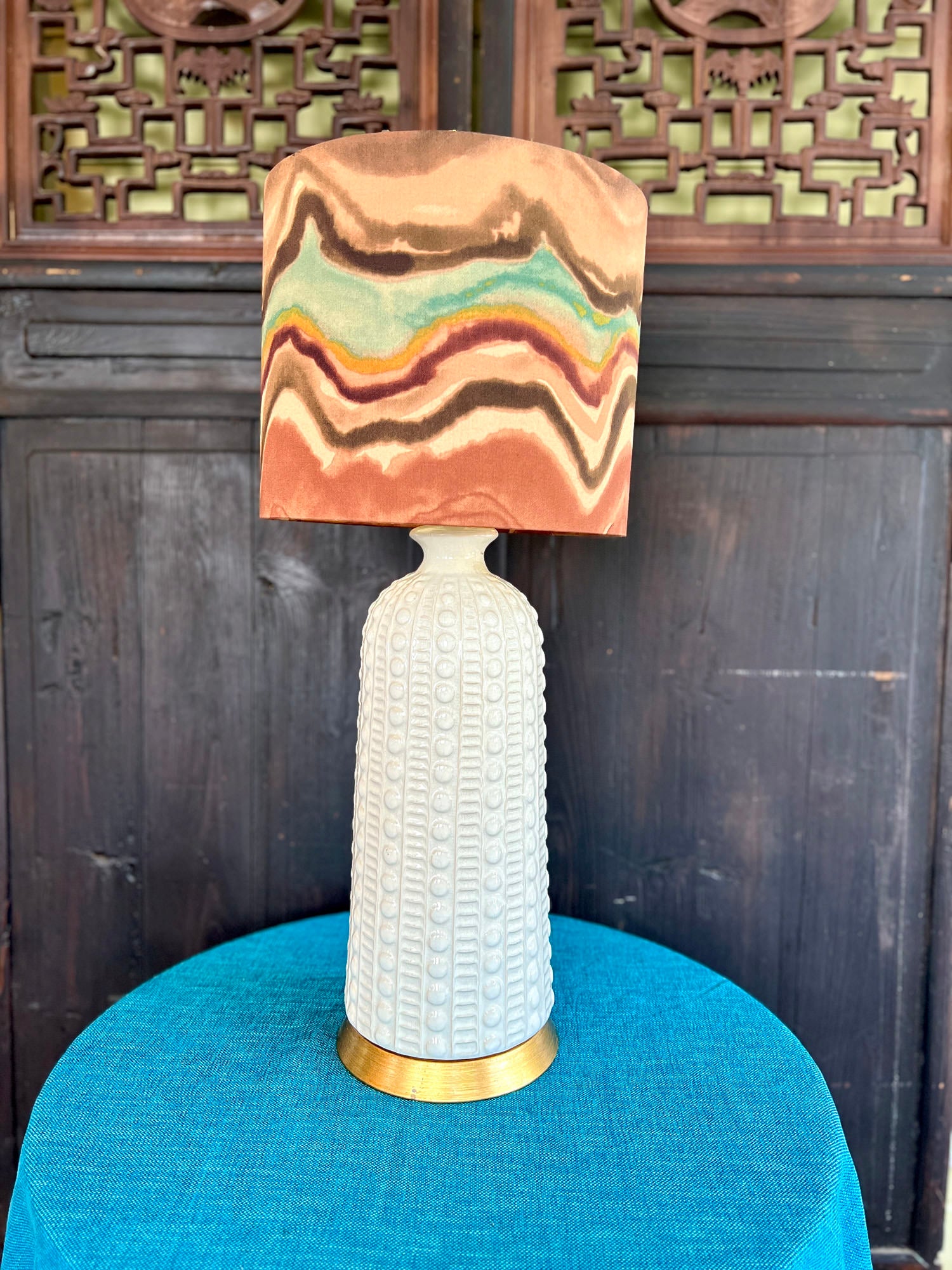 James / Contemporary Wave Print Drum Lamp Shade W/ Gold Interior