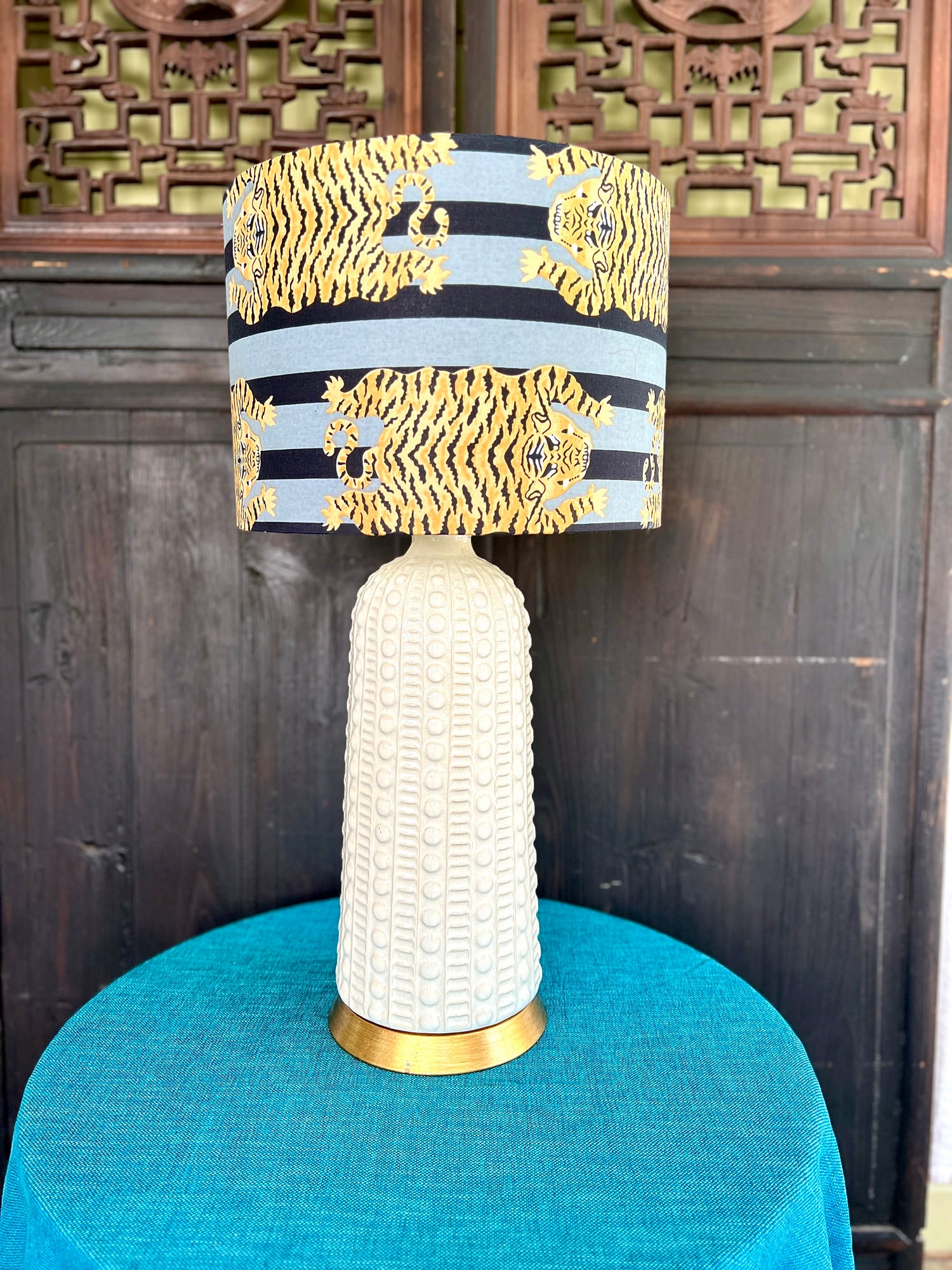 Katherine - Blue Two Toned Striped Tiger Drum Lamp Shade