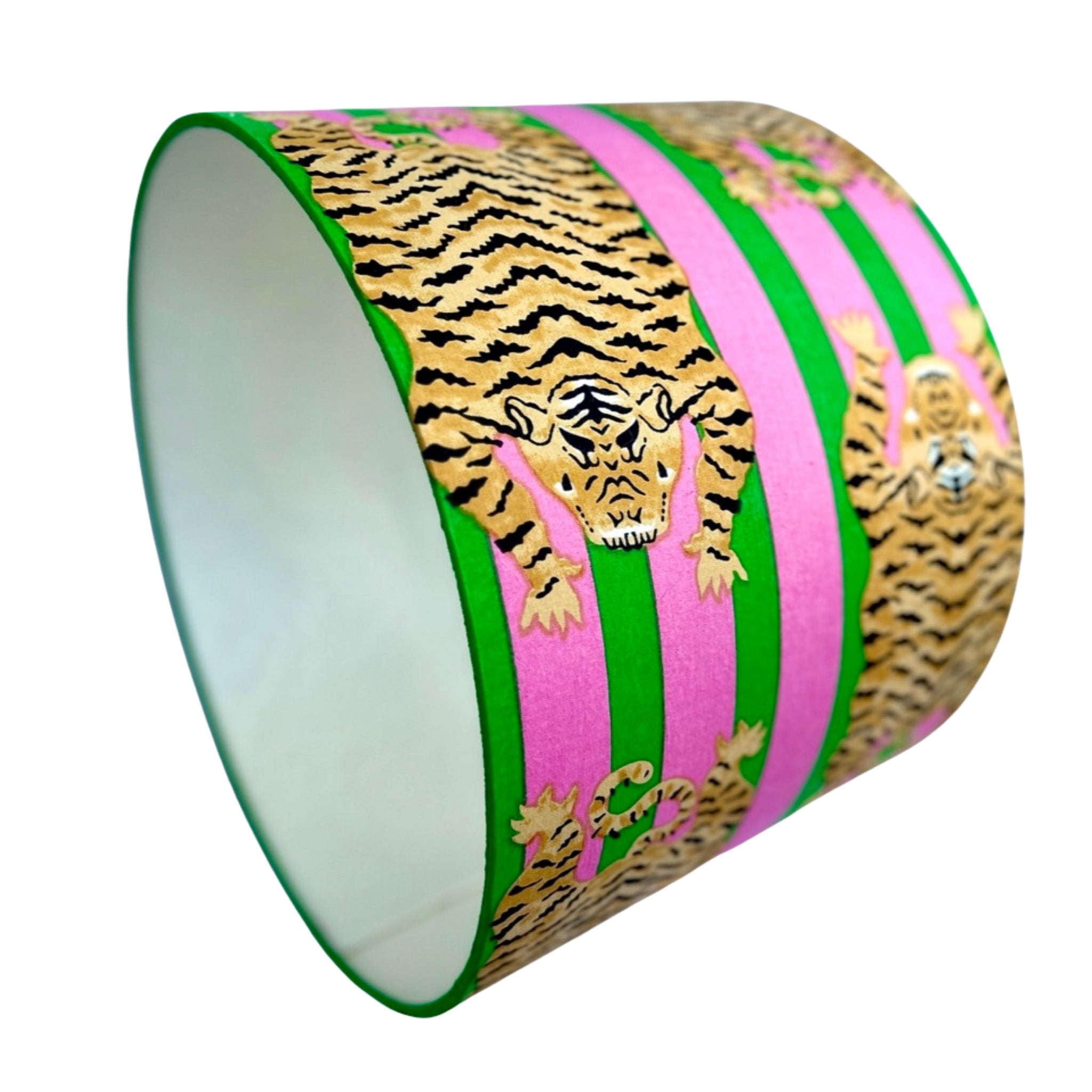 Katherine – Pink / Pink & Green Striped Tiger Drum Lamp Shade