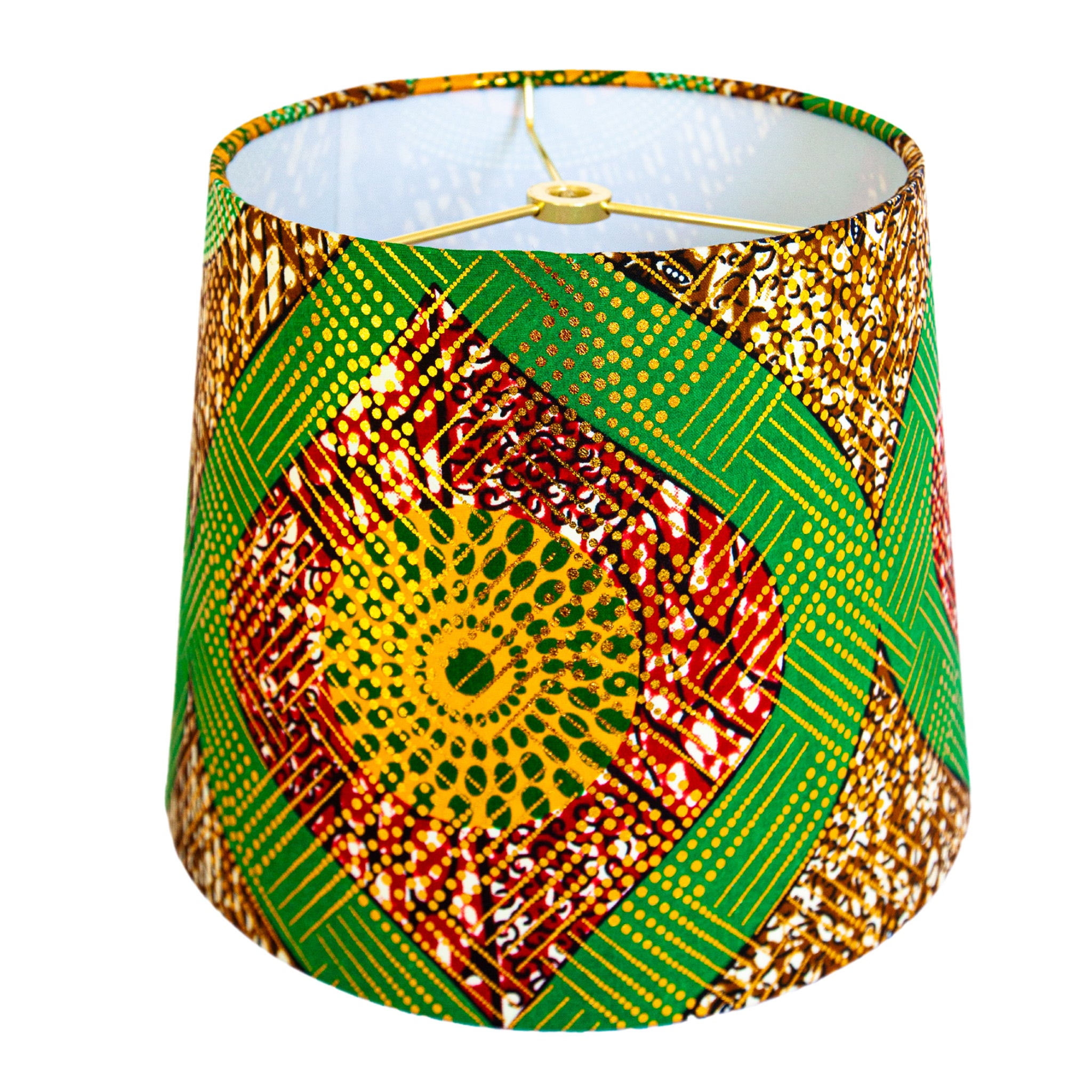 Lauren / Red Green and Gold African Wax Fabric in Geometric Print Lamp Shade