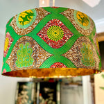 Lauren Pendant | Red Green and Gold African Wax Fabric in Geometric Print Lamp Shade