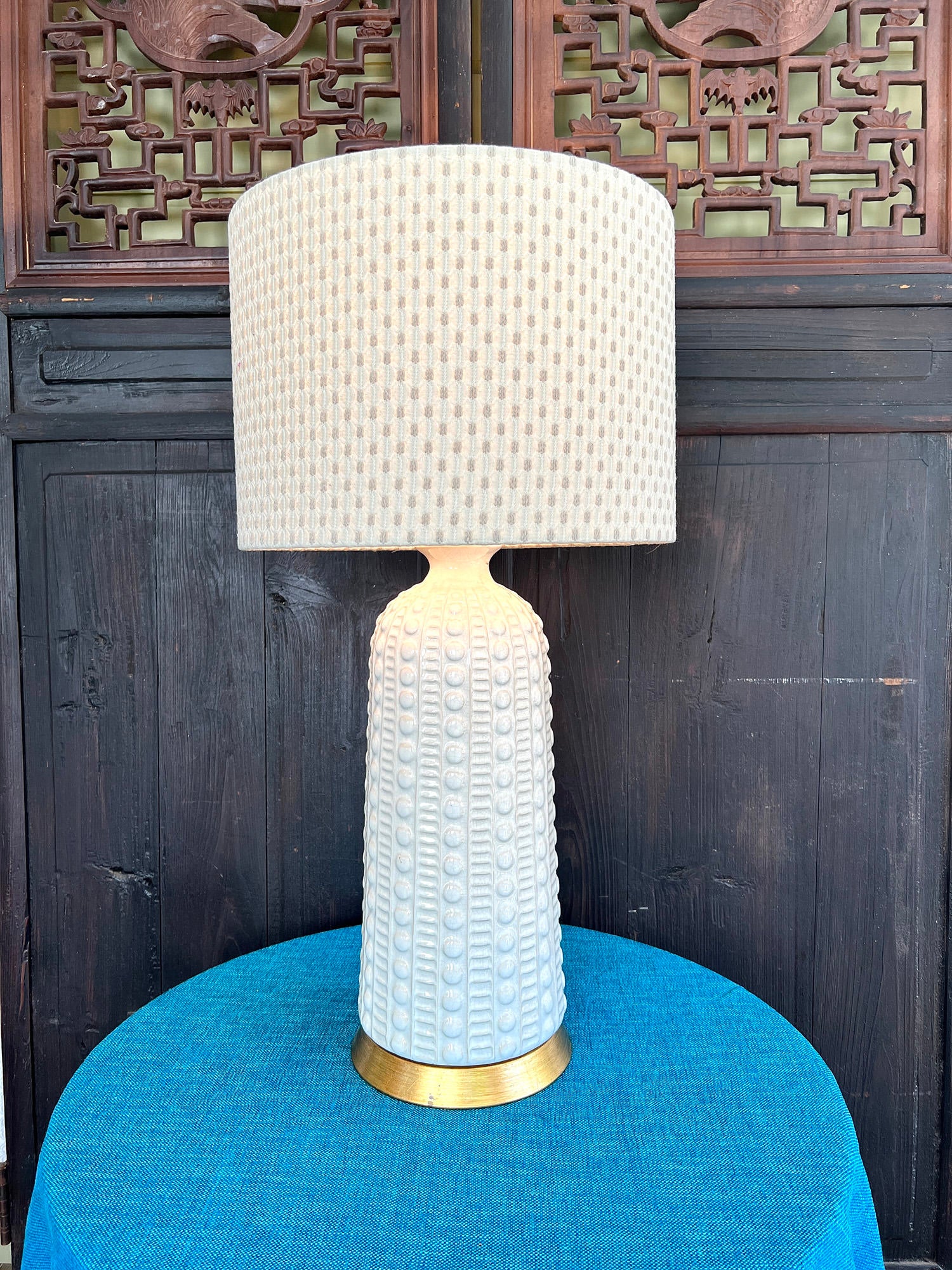 Mary / Cream Linen w/ Gray Bespoke Drum Lampshade