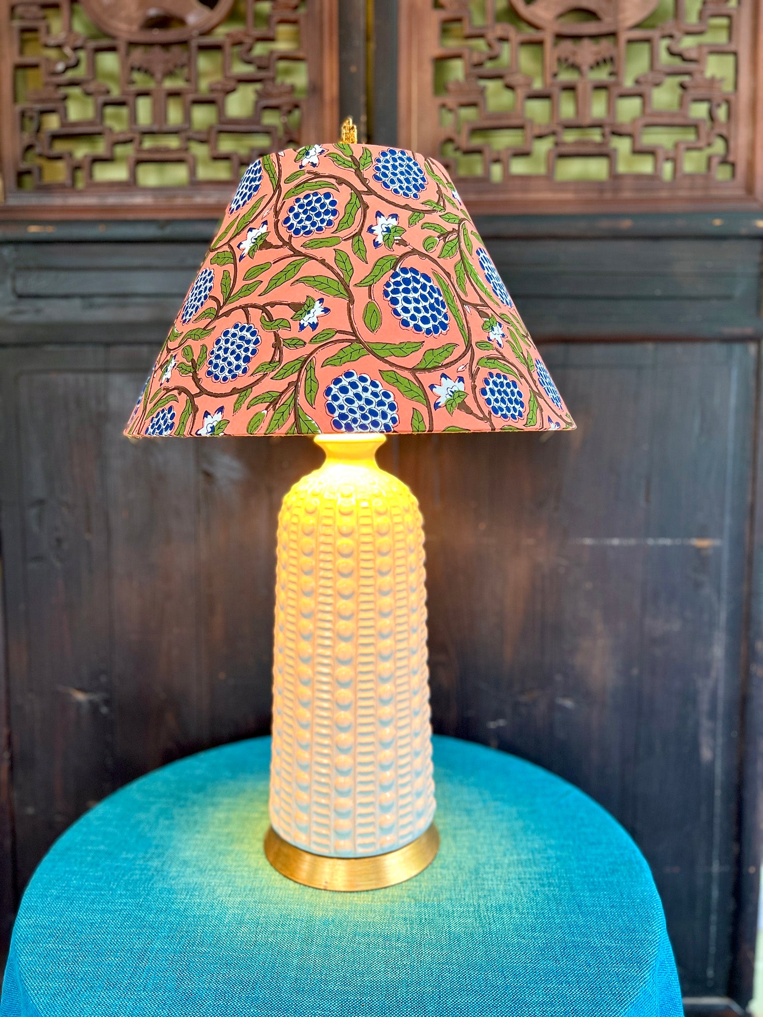 Susu / Floral Peach Block Print Empire Lampshade w/Mirrored Gold Interior