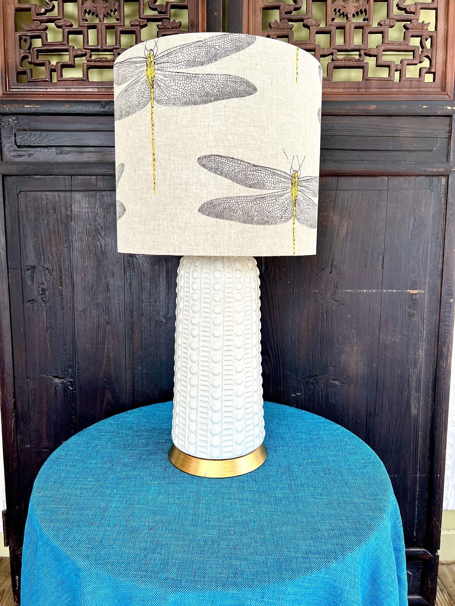 Willa Drum | Cream Linen Dragonfly Bespoke Drum Lamp Shade