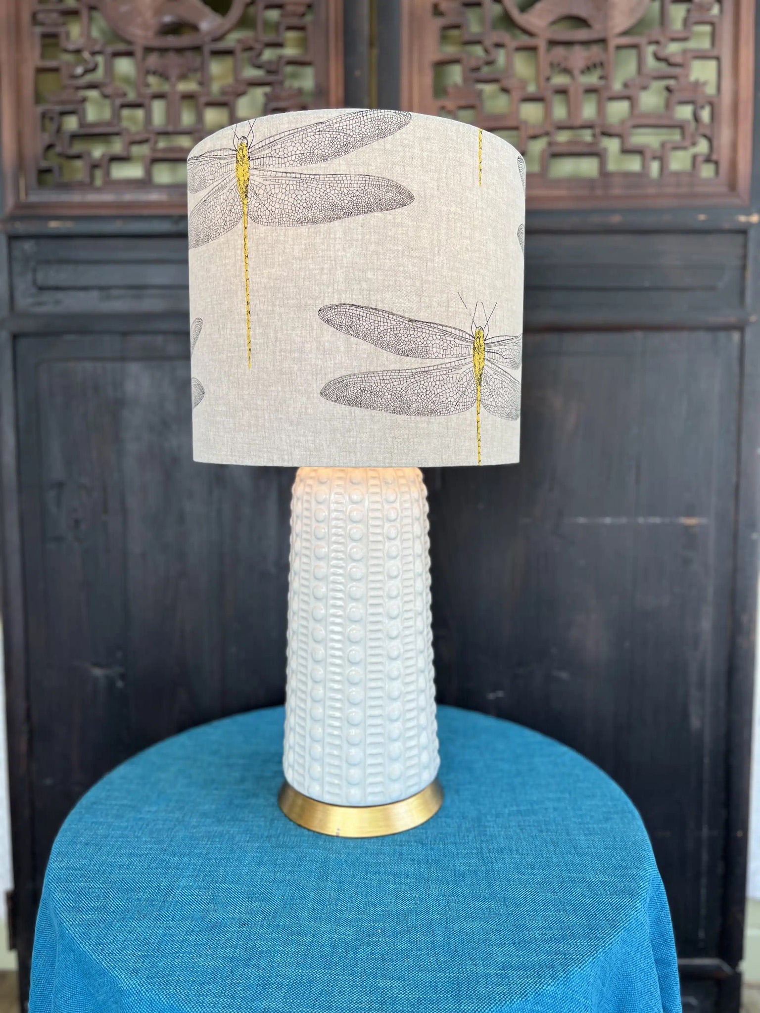 Willa Drum | Cream Linen Dragonfly Bespoke Drum Lamp Shade